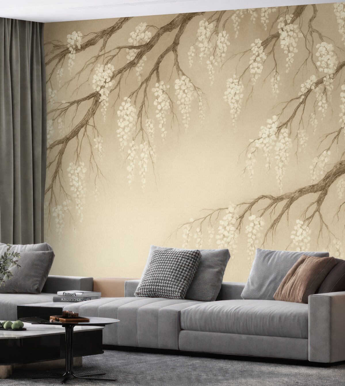 Fototapeta Subtelne białe drzewo wiśniowe z kwiatami rozwijającymi się na gałęziach na jasnobeżowym tle.