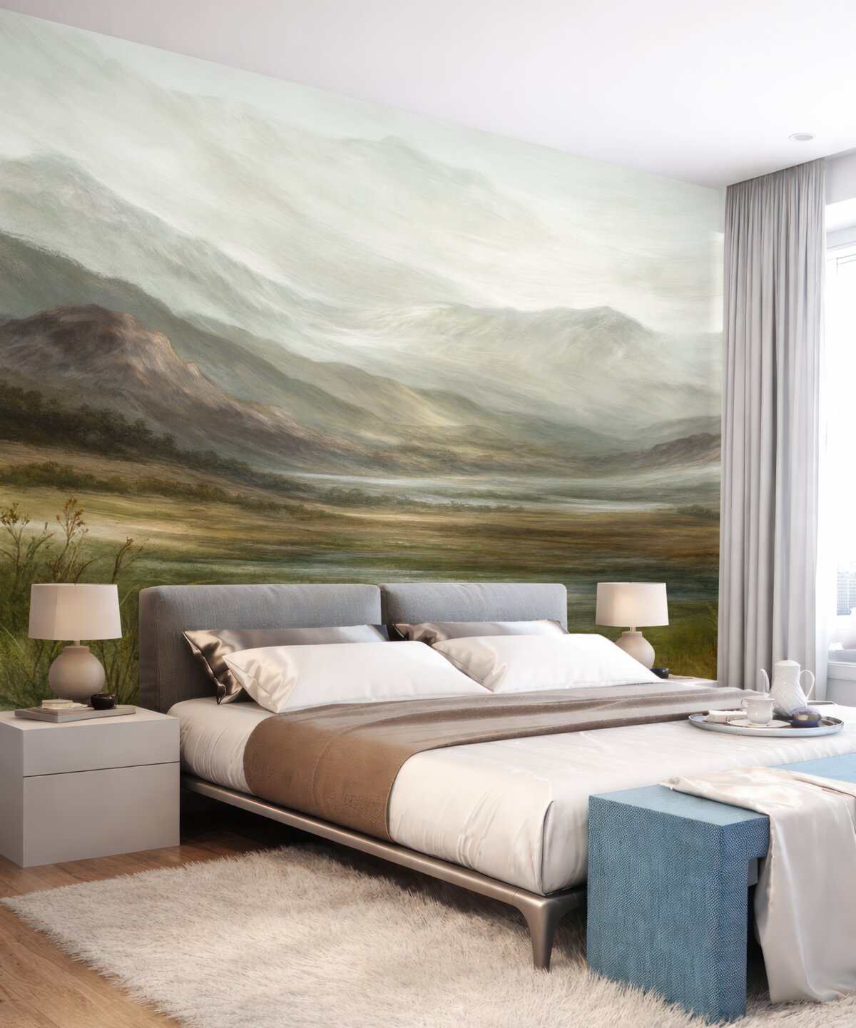 Fototapeta Minimalistyczny, współczesny pejzaż malarski z delikatnymi wzgórzami, mglistej panoramą i harmonijną aurą.