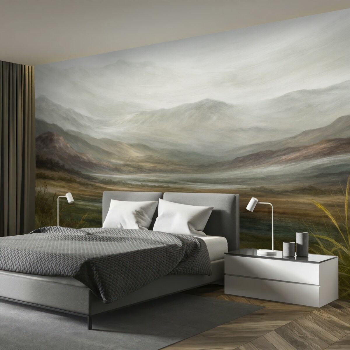 Fototapeta Minimalistyczny, współczesny pejzaż malarski z delikatnymi wzgórzami, mglistej panoramą i harmonijną aurą.