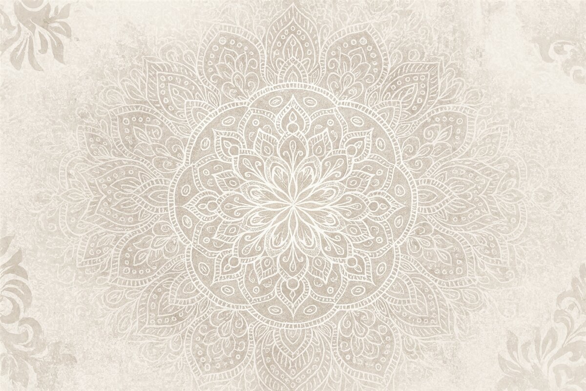 Fototapeta Szczegółowy projekt białej mandali na jasnoszarym teksturowanym tle w stylu retro.