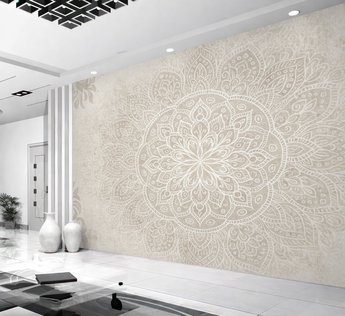 Fototapeta Szczegółowy projekt białej mandali na jasnoszarym teksturowanym tle w stylu retro.