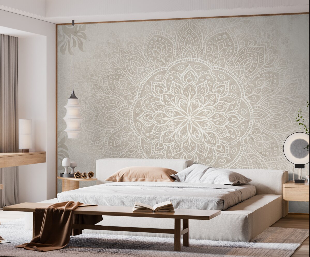 Fototapeta Szczegółowy projekt białej mandali na jasnoszarym teksturowanym tle w stylu retro.