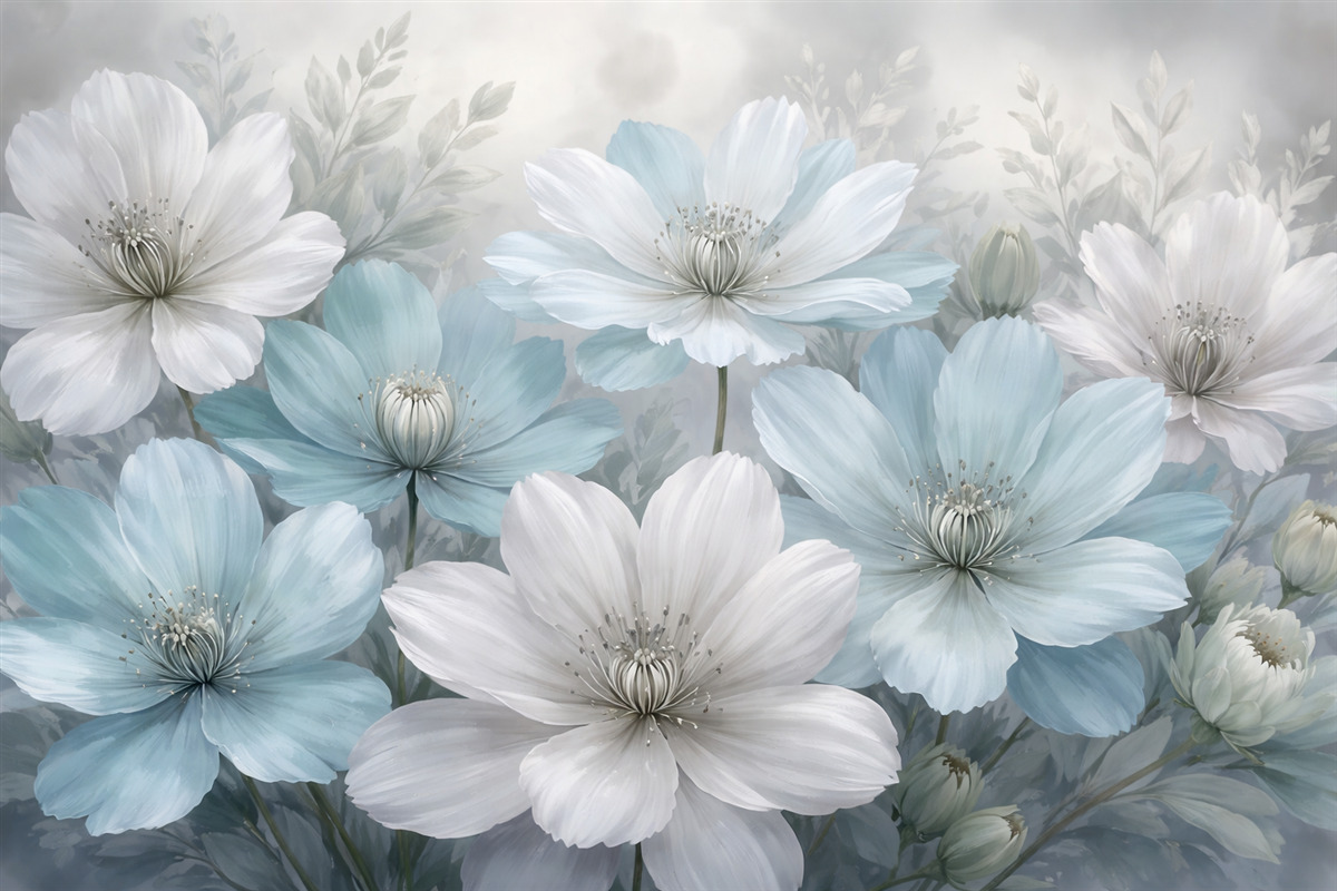 Fototapeta Zbliżenie białych i jasnoniebieskich kwiatów, które przypominają stokrotki, tworzy dzieło sztuki na delikatnym, rozmytym tle.