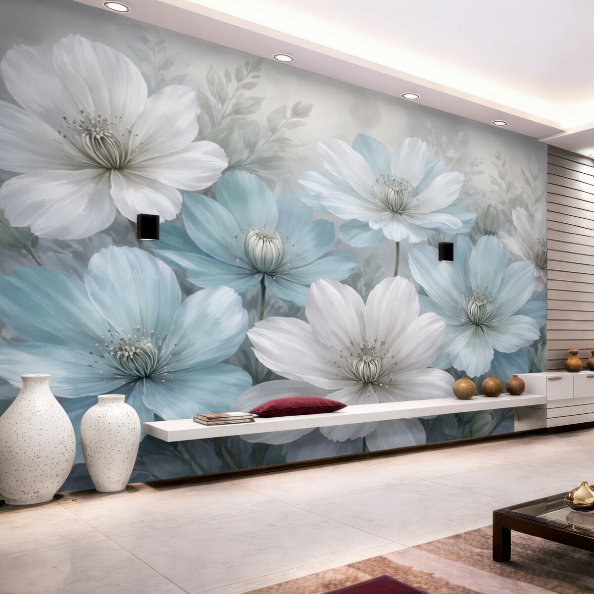 Fototapeta Zbliżenie białych i jasnoniebieskich kwiatów, które przypominają stokrotki, tworzy dzieło sztuki na delikatnym, rozmytym tle.