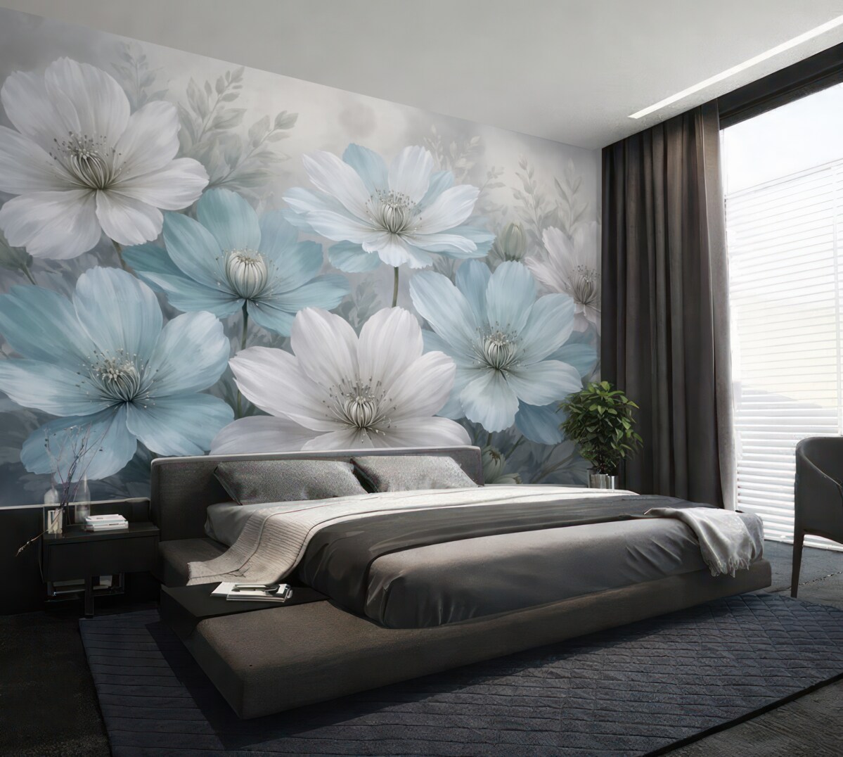 Fototapeta Zbliżenie białych i jasnoniebieskich kwiatów, które przypominają stokrotki, tworzy dzieło sztuki na delikatnym, rozmytym tle.