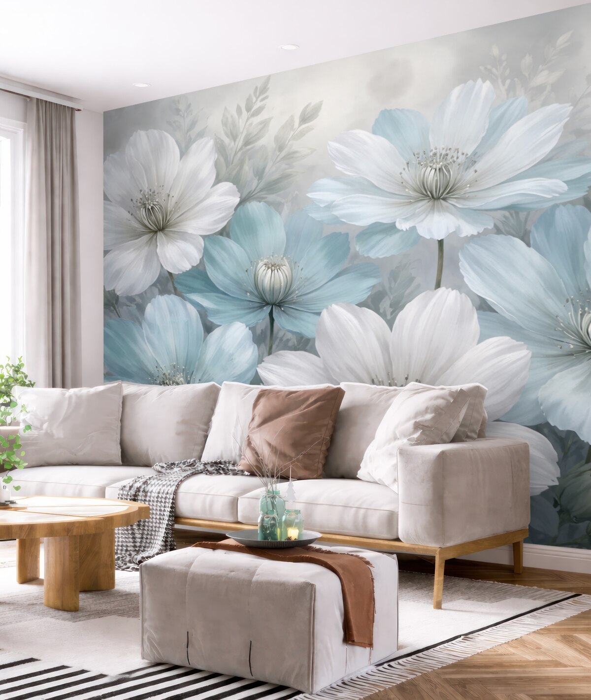 Fototapeta Zbliżenie białych i jasnoniebieskich kwiatów, które przypominają stokrotki, tworzy dzieło sztuki na delikatnym, rozmytym tle.