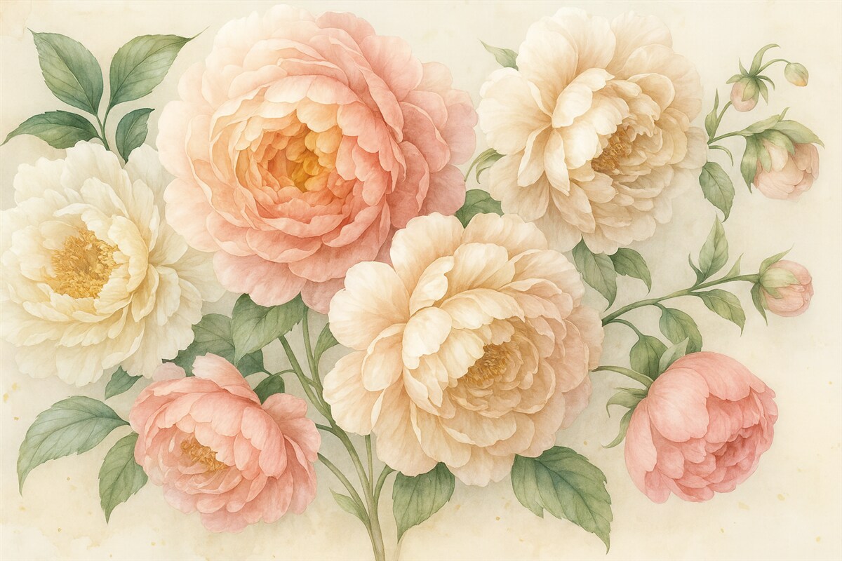 Fototapeta Subtelne różowe oraz białe piwonie z soczystymi zielonymi liśćmi na jasnym tle akwarelowym.