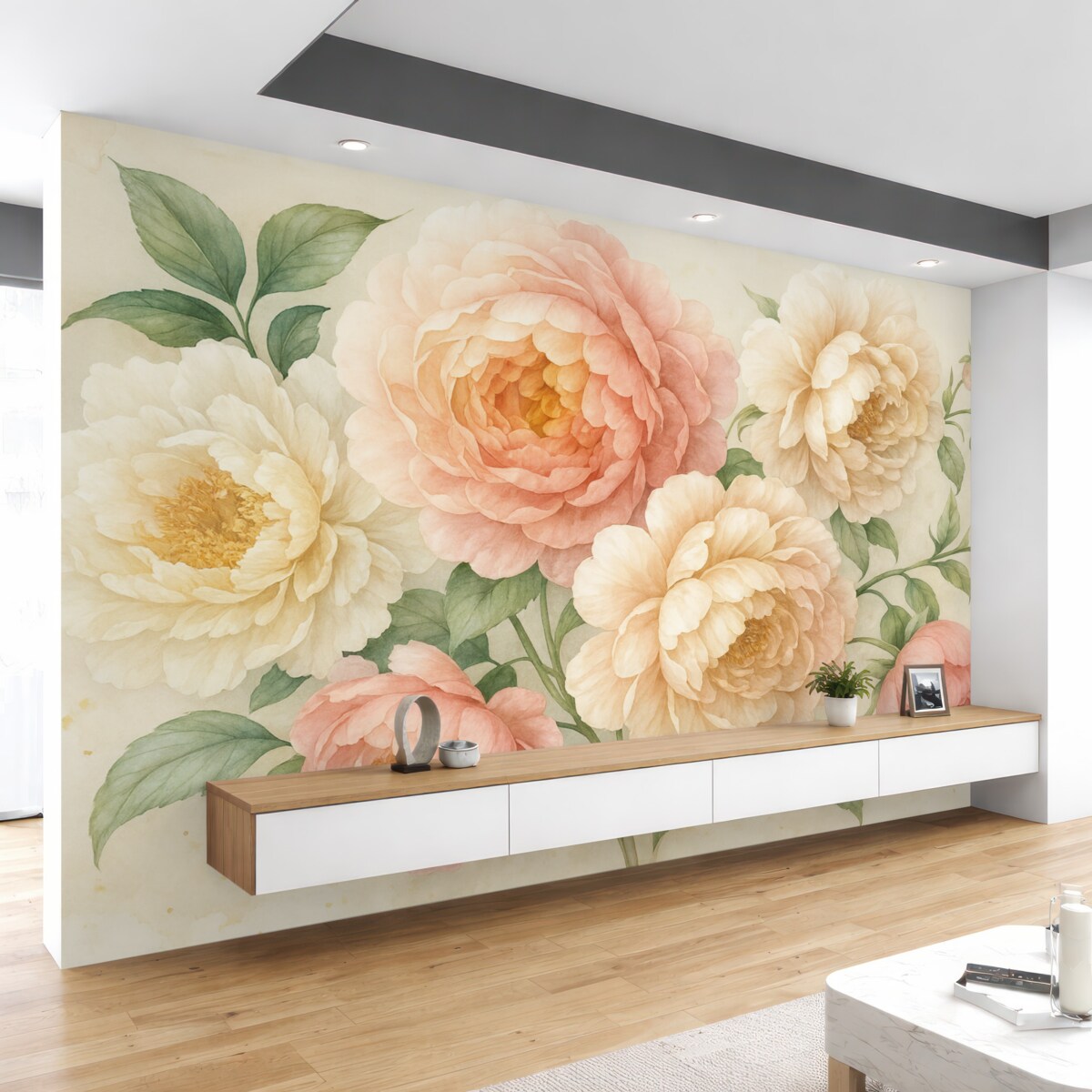 Fototapeta Subtelne różowe oraz białe piwonie z soczystymi zielonymi liśćmi na jasnym tle akwarelowym.