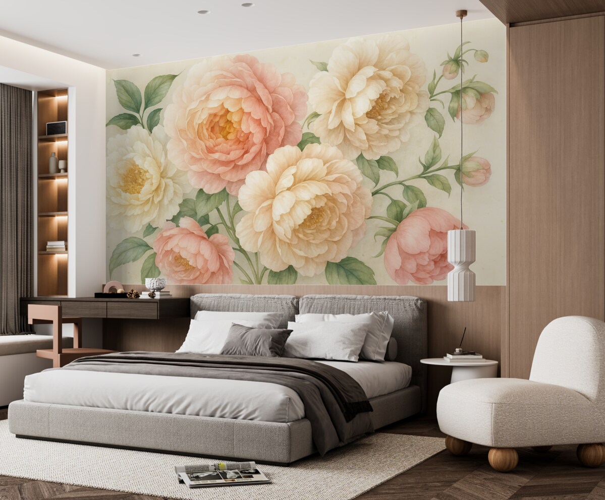 Fototapeta Subtelne różowe oraz białe piwonie z soczystymi zielonymi liśćmi na jasnym tle akwarelowym.