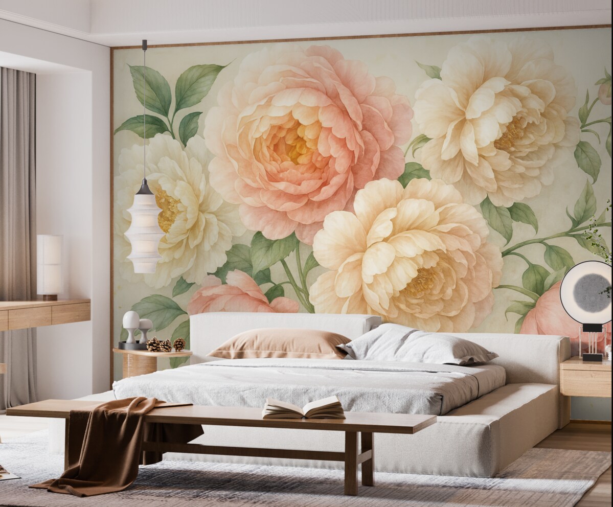 Fototapeta Subtelne różowe oraz białe piwonie z soczystymi zielonymi liśćmi na jasnym tle akwarelowym.