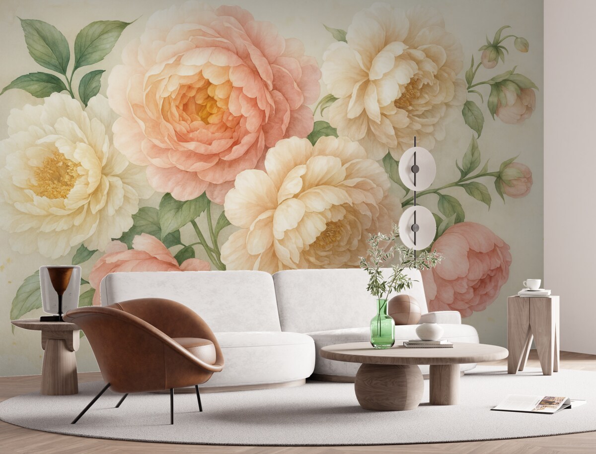 Fototapeta Subtelne różowe oraz białe piwonie z soczystymi zielonymi liśćmi na jasnym tle akwarelowym.