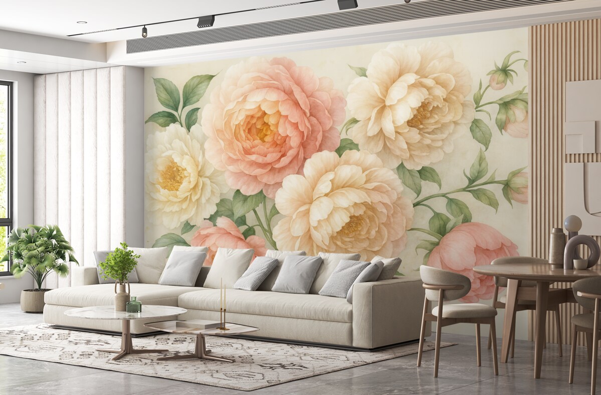 Fototapeta Subtelne różowe oraz białe piwonie z soczystymi zielonymi liśćmi na jasnym tle akwarelowym.