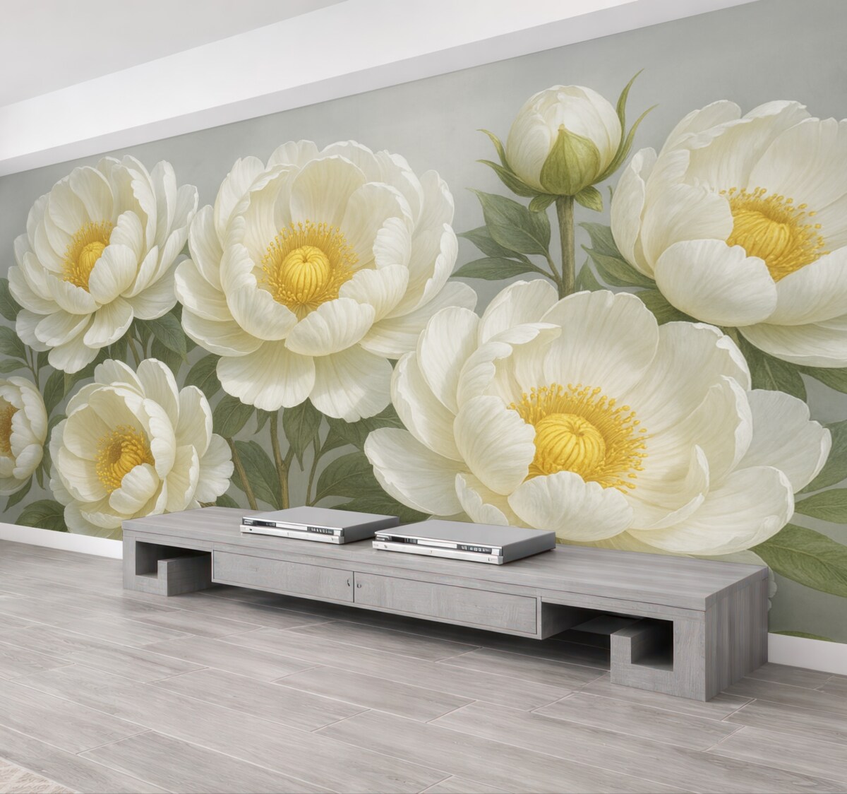 Fototapeta Biały, duży obraz piwonii z żółtymi środkami, otoczony zielonymi liśćmi na jasnym tle.