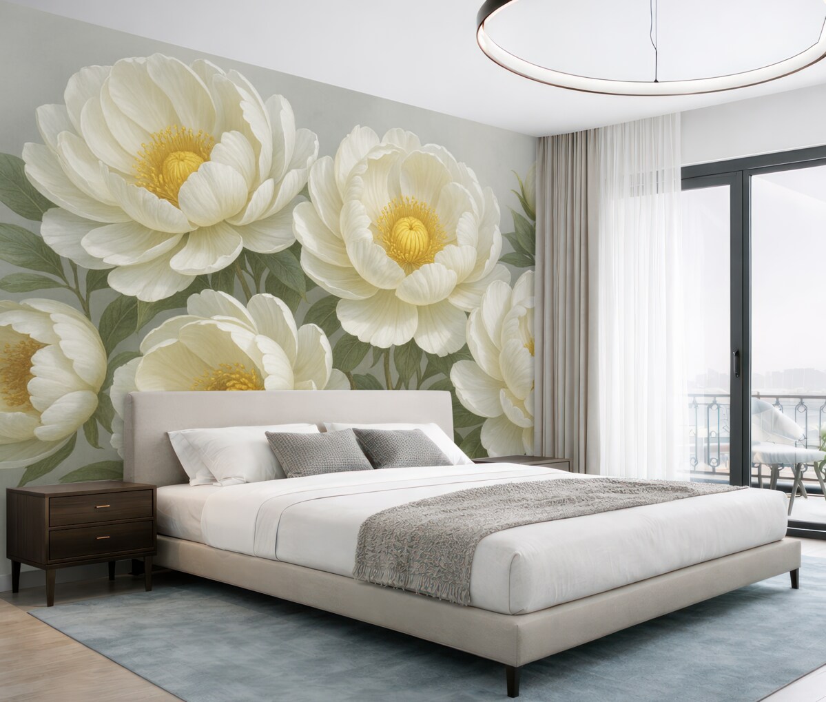 Fototapeta Biały, duży obraz piwonii z żółtymi środkami, otoczony zielonymi liśćmi na jasnym tle.