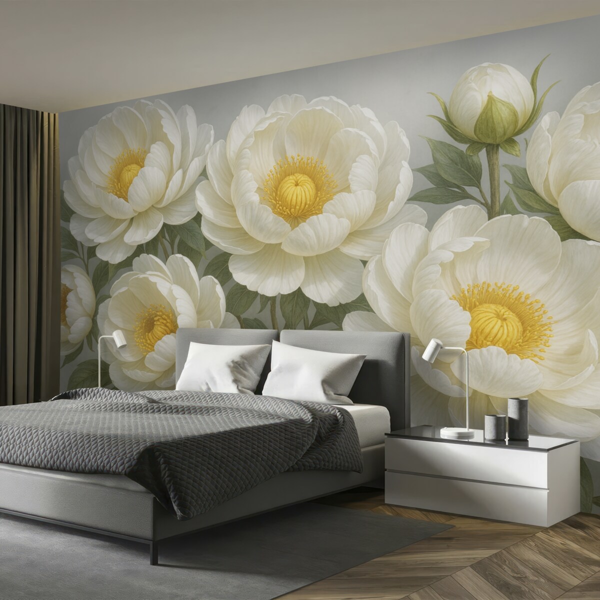 Fototapeta Biały, duży obraz piwonii z żółtymi środkami, otoczony zielonymi liśćmi na jasnym tle.