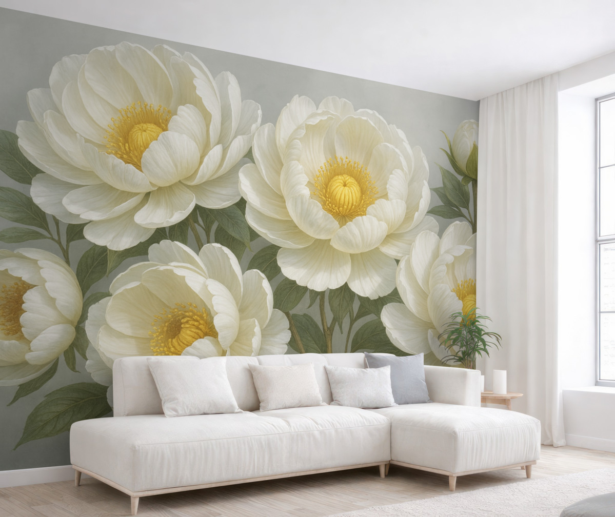 Fototapeta Biały, duży obraz piwonii z żółtymi środkami, otoczony zielonymi liśćmi na jasnym tle.