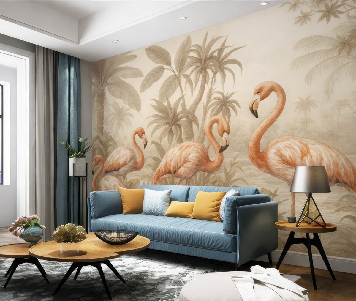 Fototapeta Różowe flamingi stojące w gęstej, tropikalnej roślinności z wszelakimi liśćmi palmowymi i kwiatami w odcieniach ecru i bieli.