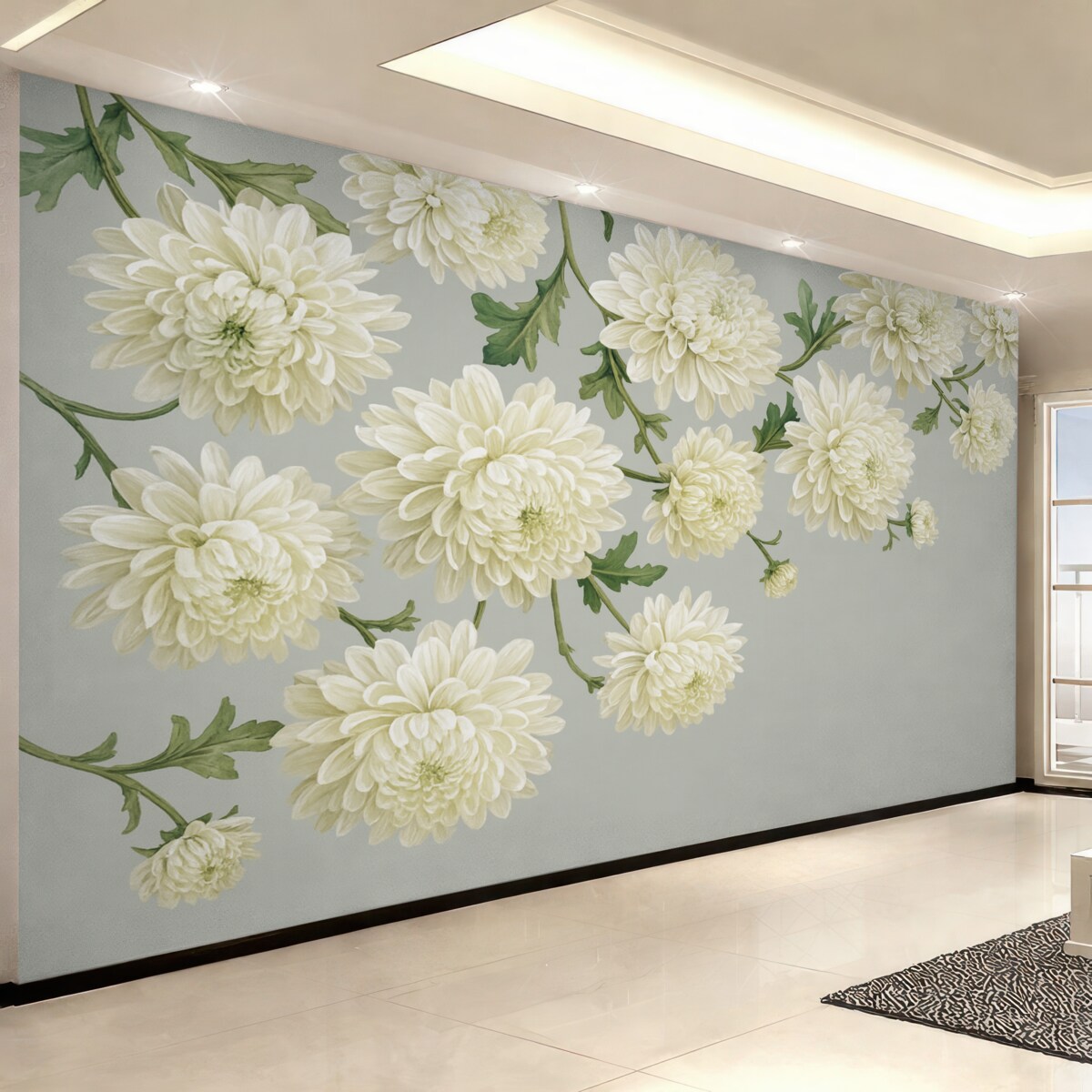 Fototapeta Białe kwiaty chryzantem z zielonymi liśćmi na jasnoszarym tle.