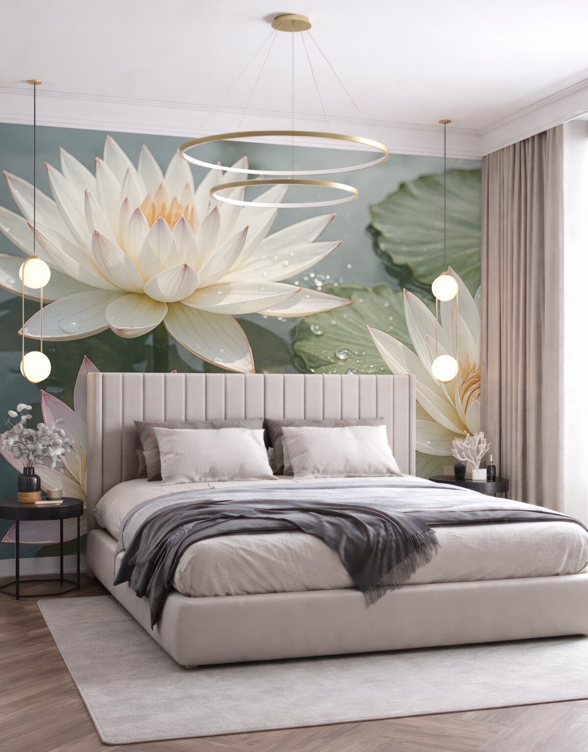 Fototapeta Zbliżenie białych kwiatów lotosu z kroplami wody na płatkach na rozmytym zielonym tle.