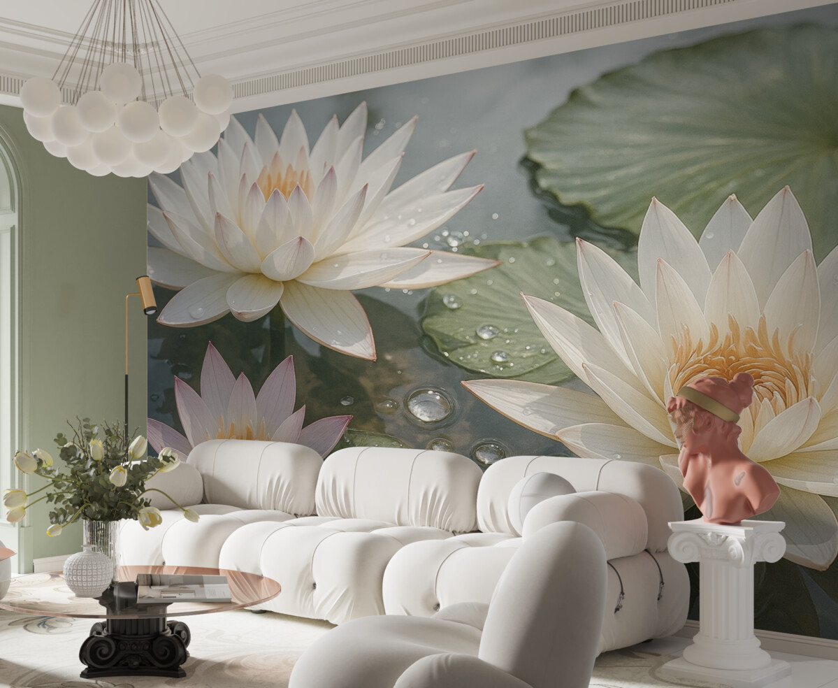 Fototapeta Zbliżenie białych kwiatów lotosu z kroplami wody na płatkach na rozmytym zielonym tle.