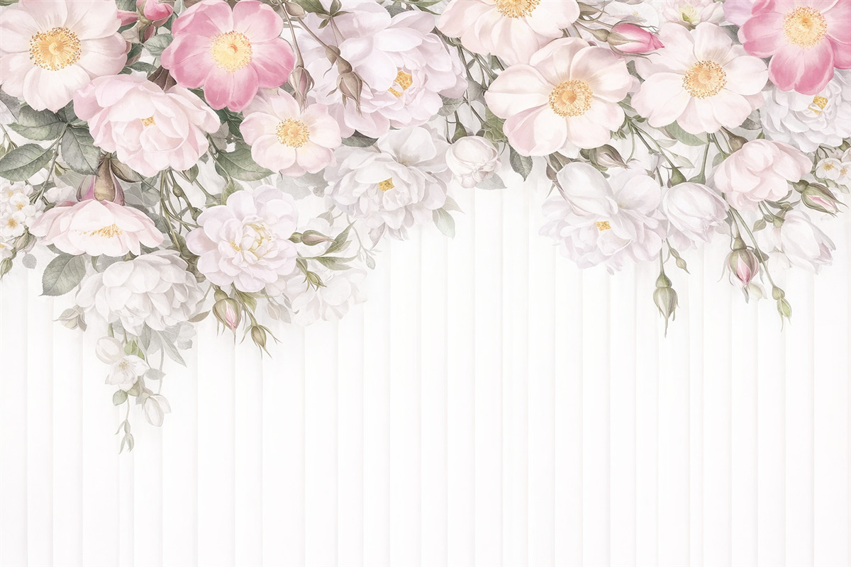 Fototapeta Bukiet subtelnych białych i różowych kwiatów z zielonymi liśćmi na jasnym tle.