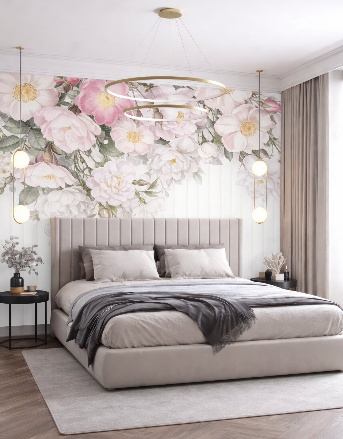 Fototapeta Bukiet subtelnych białych i różowych kwiatów z zielonymi liśćmi na jasnym tle.