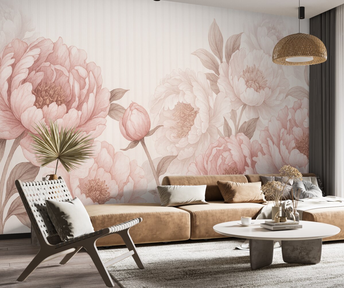 Fototapeta Zbliżenie dużych, subtelnych różowych i białych kwiatów piwonii na gładkim, teksturalnym tle.