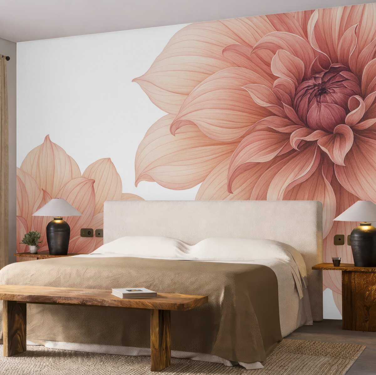 Fototapeta Zbliżenie na kilka dużych, głęboko czerwonych kwiatów dalii o gładkich, subtelnych płatkach na jasnym tle.