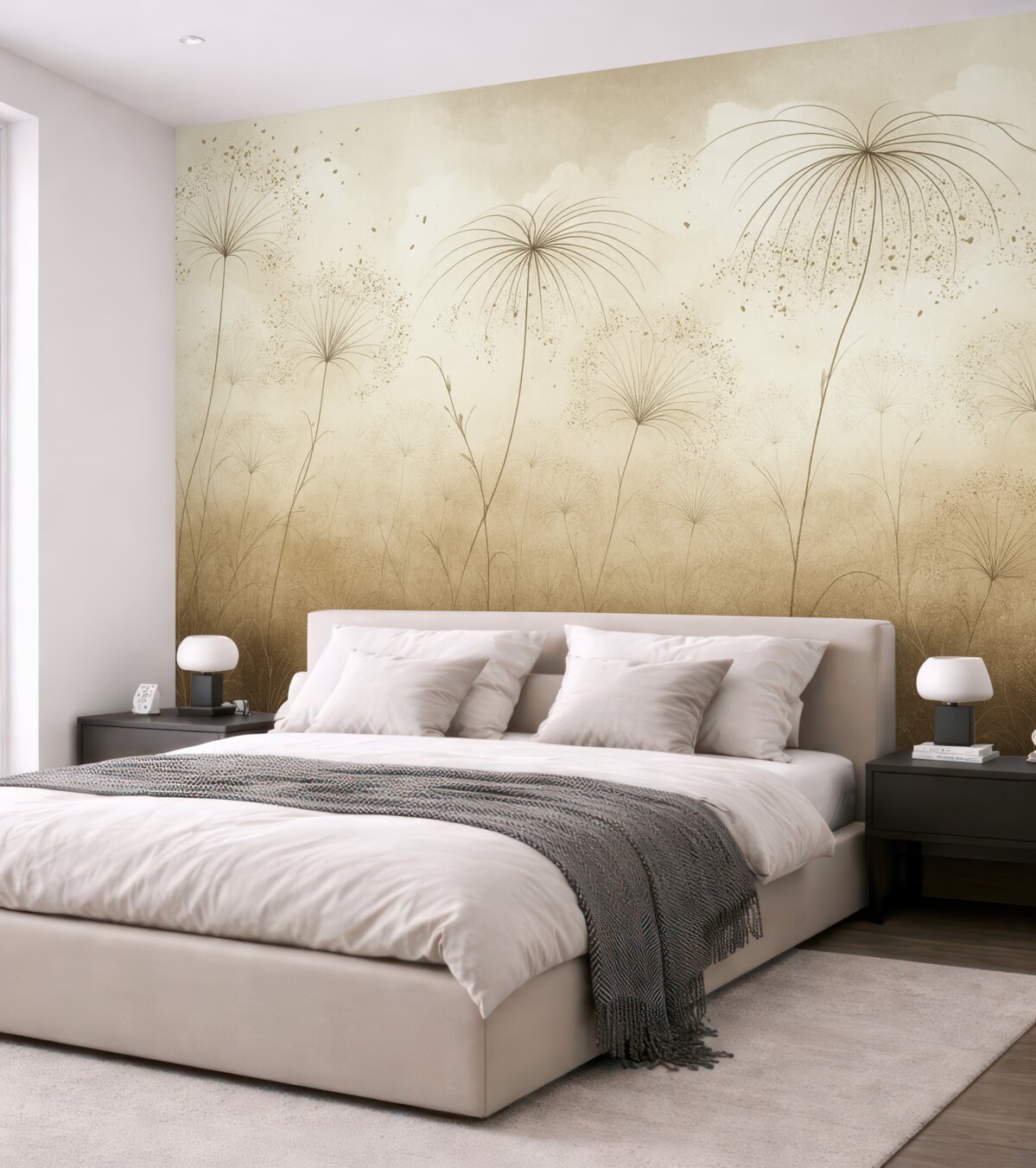 Fototapeta Brązowe, wysokie, gęste rośliny z subtelnymi, parasolowatymi kwiatami lub główkami nasion w mglistym, nastrojowym środowisku.