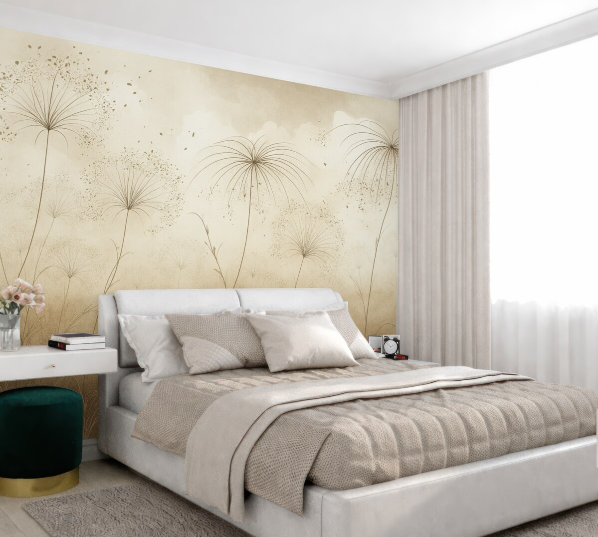 Fototapeta Brązowe, wysokie, gęste rośliny z subtelnymi, parasolowatymi kwiatami lub główkami nasion w mglistym, nastrojowym środowisku.