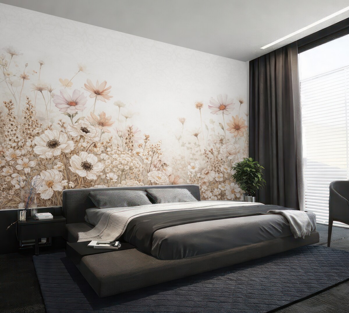 Fototapeta Łąka białych, beżowych oraz różowych kwiatów i liści na delikatnym, rozmytym kwiatowym tle.