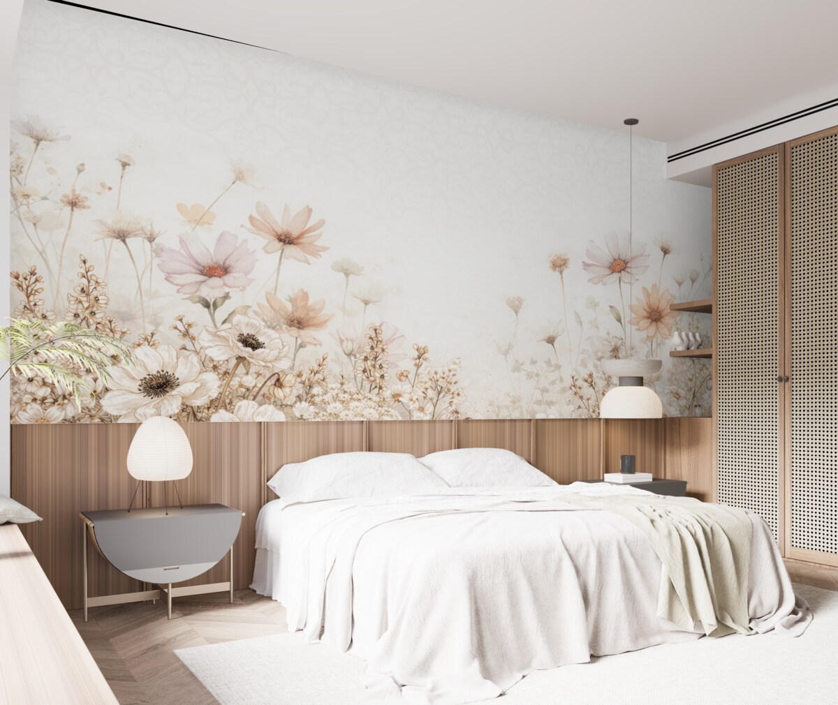 Fototapeta Łąka białych, beżowych oraz różowych kwiatów i liści na delikatnym, rozmytym kwiatowym tle.