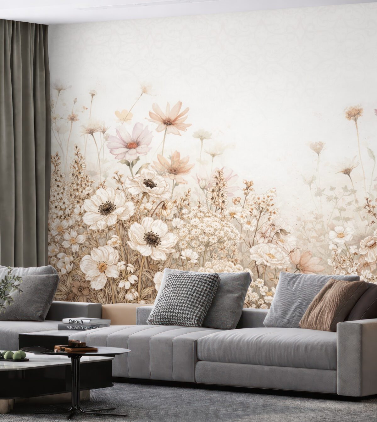 Fototapeta Łąka białych, beżowych oraz różowych kwiatów i liści na delikatnym, rozmytym kwiatowym tle.