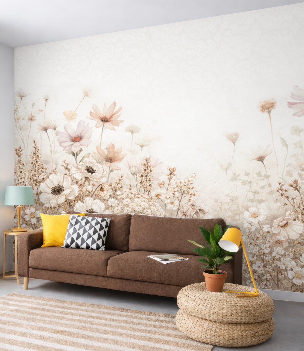 Fototapeta Łąka białych, beżowych oraz różowych kwiatów i liści na delikatnym, rozmytym kwiatowym tle.