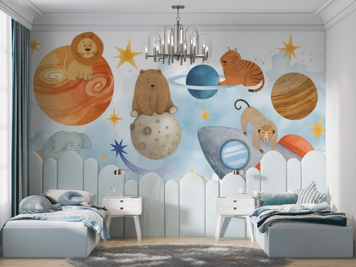 Fototapeta Zmienna scena kosmiczna z różnymi animowanymi zwierzętami unoszącymi się pośród planet, gwiazd i rakiety.