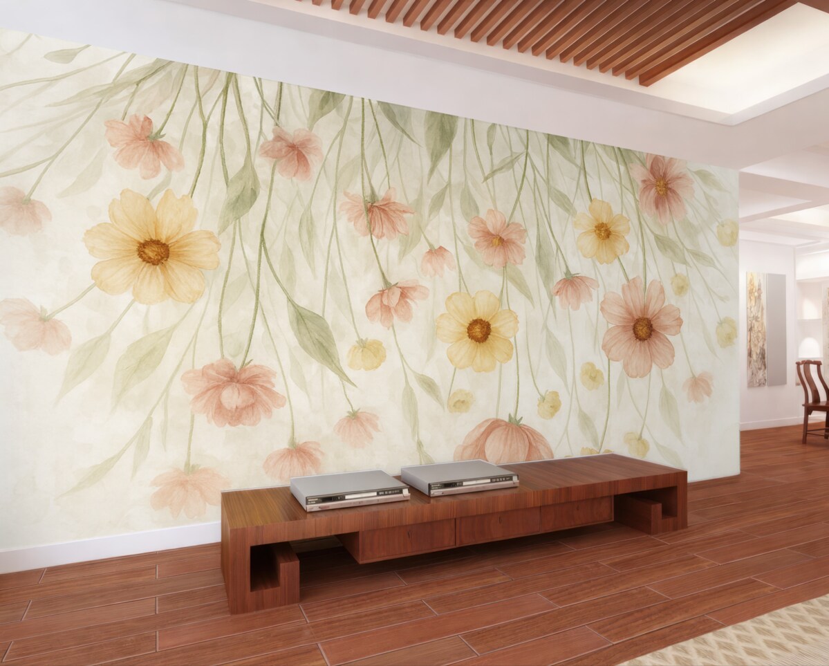 Fototapeta Subtelne pastelowe czerwone i żółte kwiaty z złotymi środkami spływające kaskadą po łagodnym, rozmytym tle.