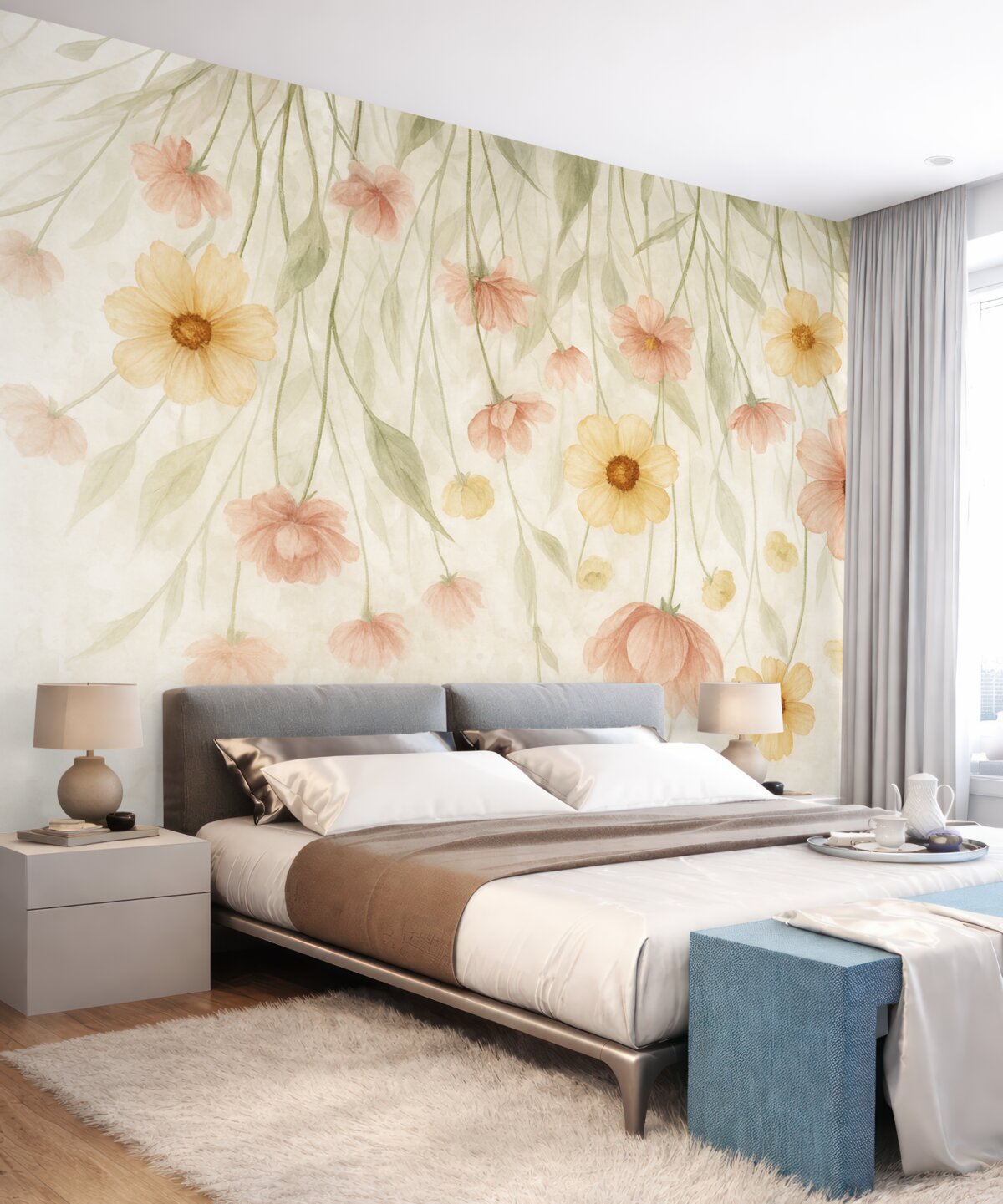 Fototapeta Subtelne pastelowe czerwone i żółte kwiaty z złotymi środkami spływające kaskadą po łagodnym, rozmytym tle.