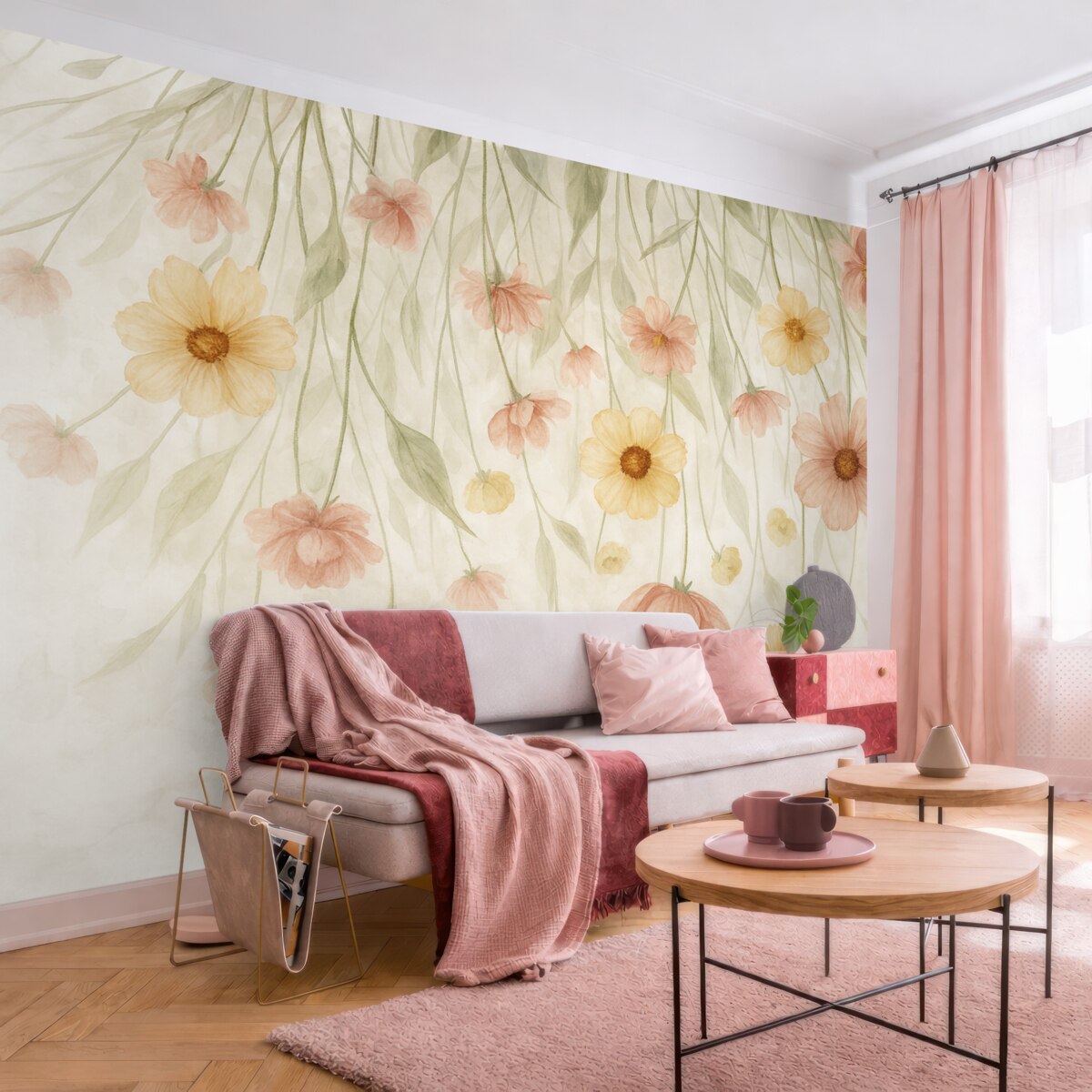 Fototapeta Subtelne pastelowe czerwone i żółte kwiaty z złotymi środkami spływające kaskadą po łagodnym, rozmytym tle.