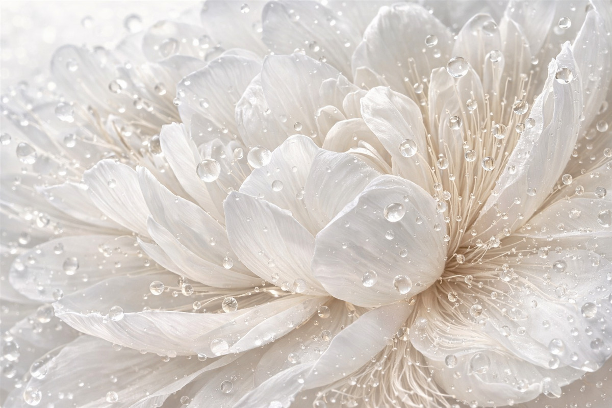 Fototapeta Zbliżenie do białego kwiatu piwonii z subtelnymi płatkami i kroplami wody.