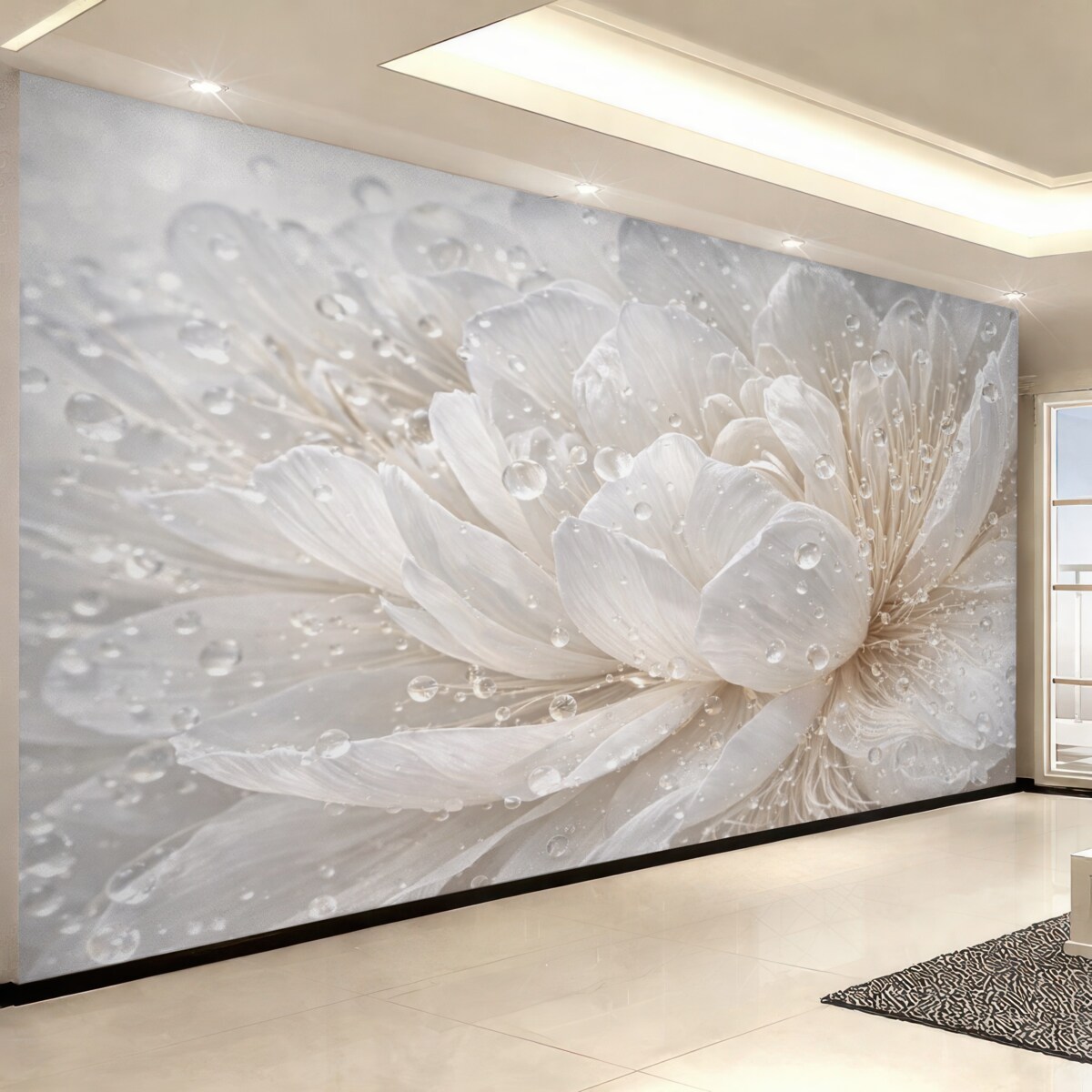 Fototapeta Zbliżenie do białego kwiatu piwonii z subtelnymi płatkami i kroplami wody.