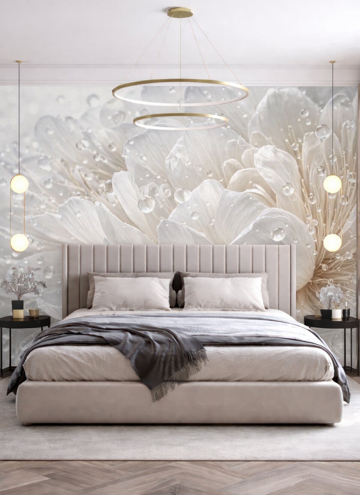 Fototapeta Zbliżenie do białego kwiatu piwonii z subtelnymi płatkami i kroplami wody.