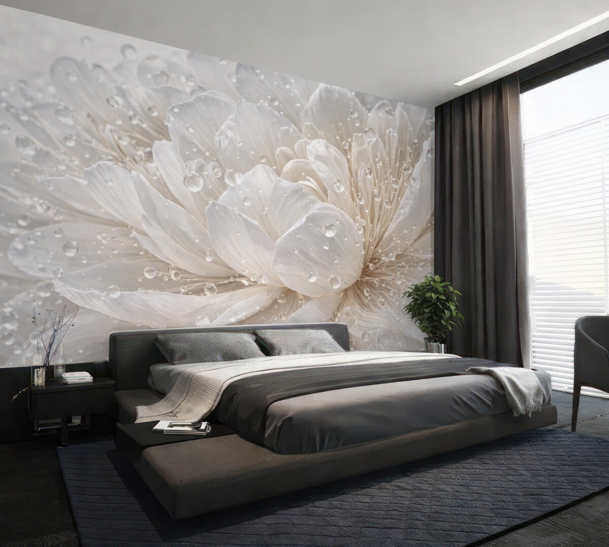 Fototapeta Zbliżenie do białego kwiatu piwonii z subtelnymi płatkami i kroplami wody.