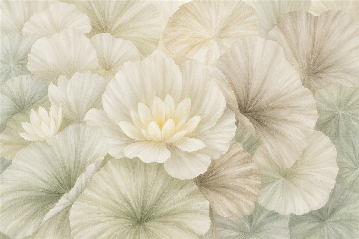 Fototapeta Subtelne zielone liście lotosu z białymi kwiatami o delikatnych, pierzastych płatkach zaaranżowane w naturalną kompozycję artystyczną.