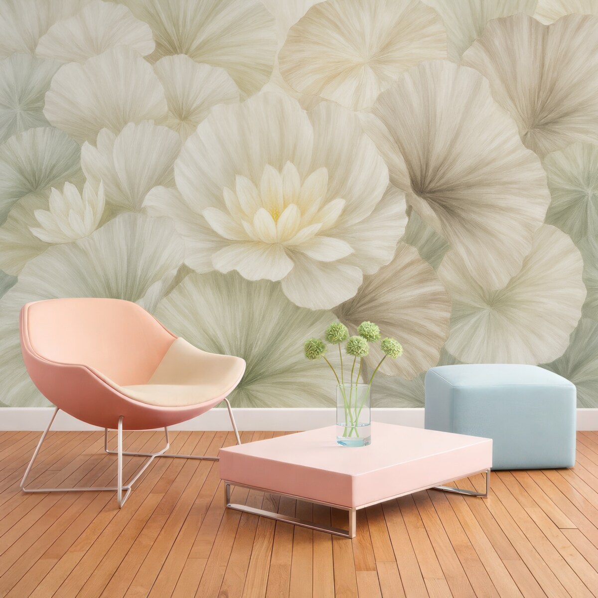 Fototapeta Subtelne zielone liście lotosu z białymi kwiatami o delikatnych, pierzastych płatkach zaaranżowane w naturalną kompozycję artystyczną.