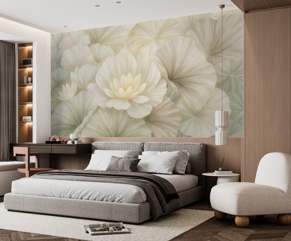 Fototapeta Subtelne zielone liście lotosu z białymi kwiatami o delikatnych, pierzastych płatkach zaaranżowane w naturalną kompozycję artystyczną.