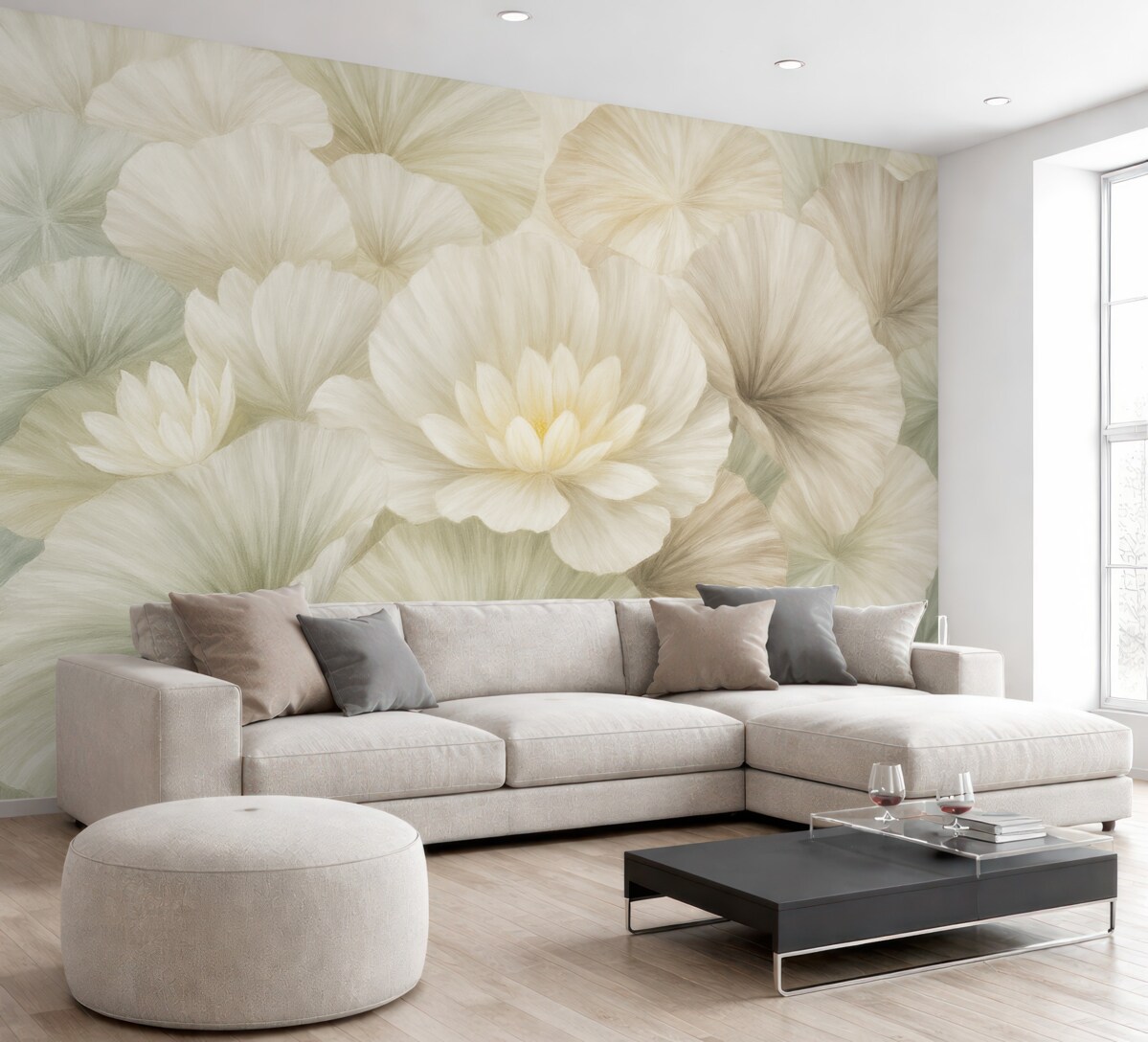 Fototapeta Subtelne zielone liście lotosu z białymi kwiatami o delikatnych, pierzastych płatkach zaaranżowane w naturalną kompozycję artystyczną.