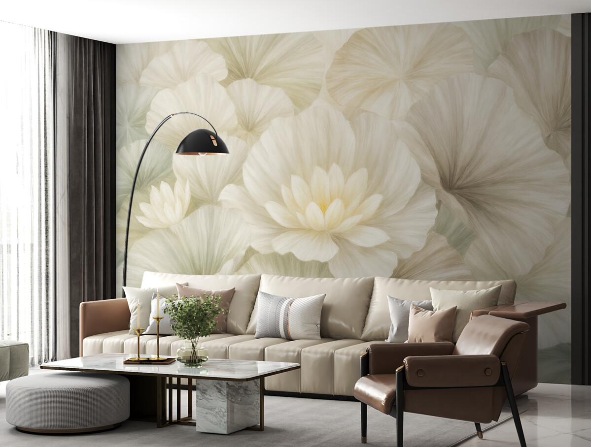 Fototapeta Subtelne zielone liście lotosu z białymi kwiatami o delikatnych, pierzastych płatkach zaaranżowane w naturalną kompozycję artystyczną.