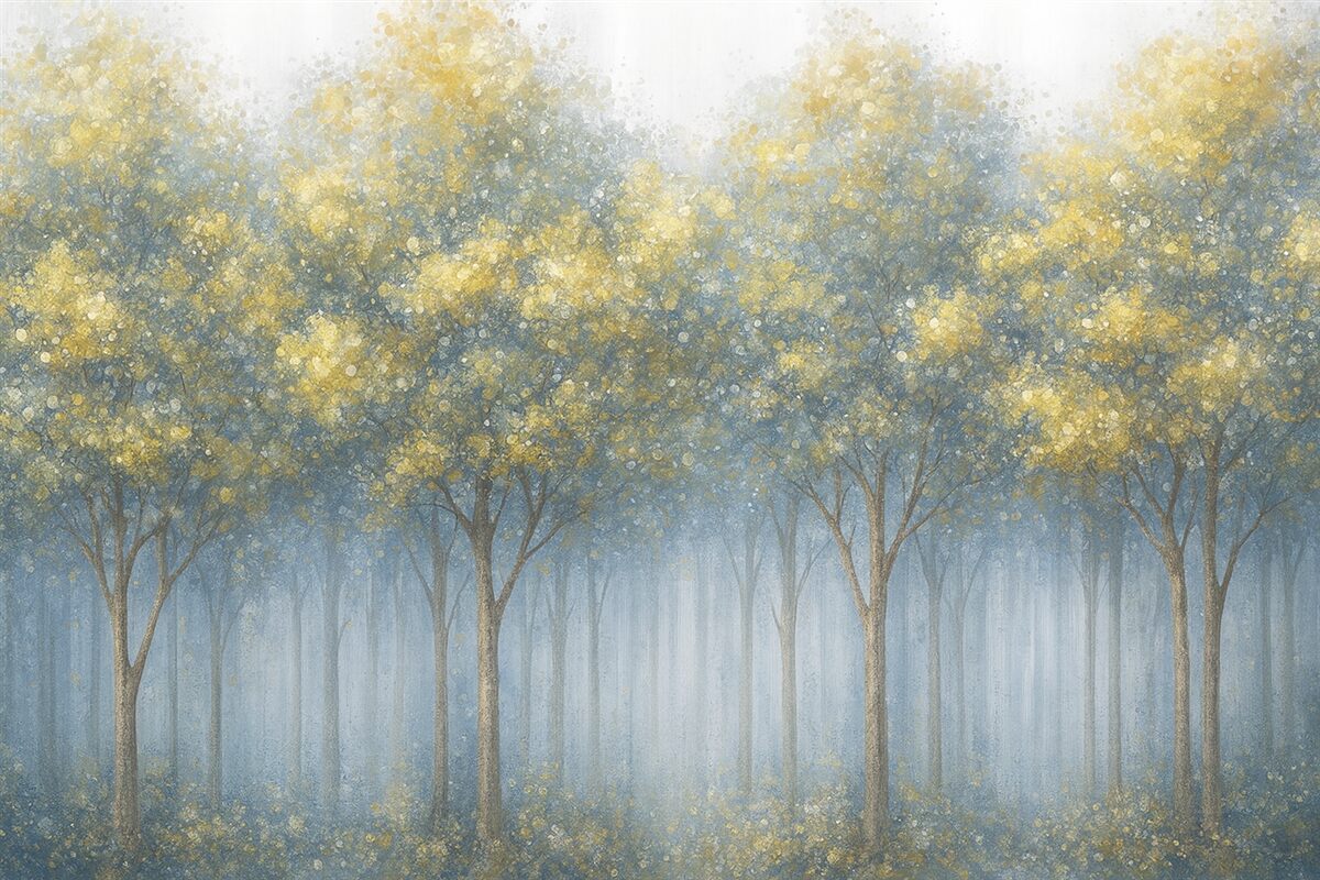 Fototapeta Wysokie dekoracyjne drzewa z liśćmi na mglistym błękitnym tle, kształtujące spokojny pejzaż.