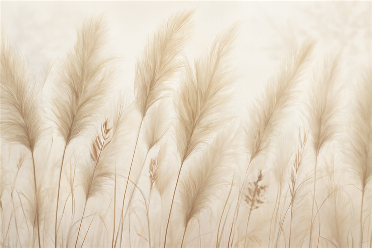 Fototapeta Wysokie beżowe źdźbła trawy falujące na wietrze na delikatnym, jasnym tle.