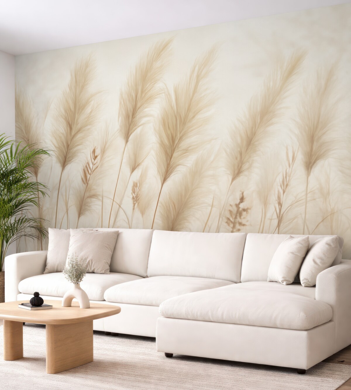 Fototapeta Wysokie beżowe źdźbła trawy falujące na wietrze na delikatnym, jasnym tle.